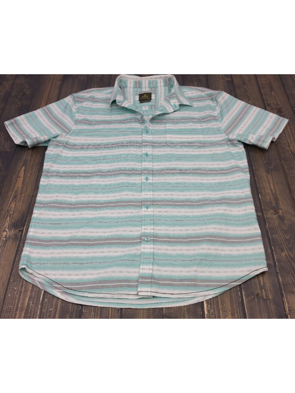 PrAna Mens Button Front Shirt Sz X-Large XL Green / Gray / White Stripe